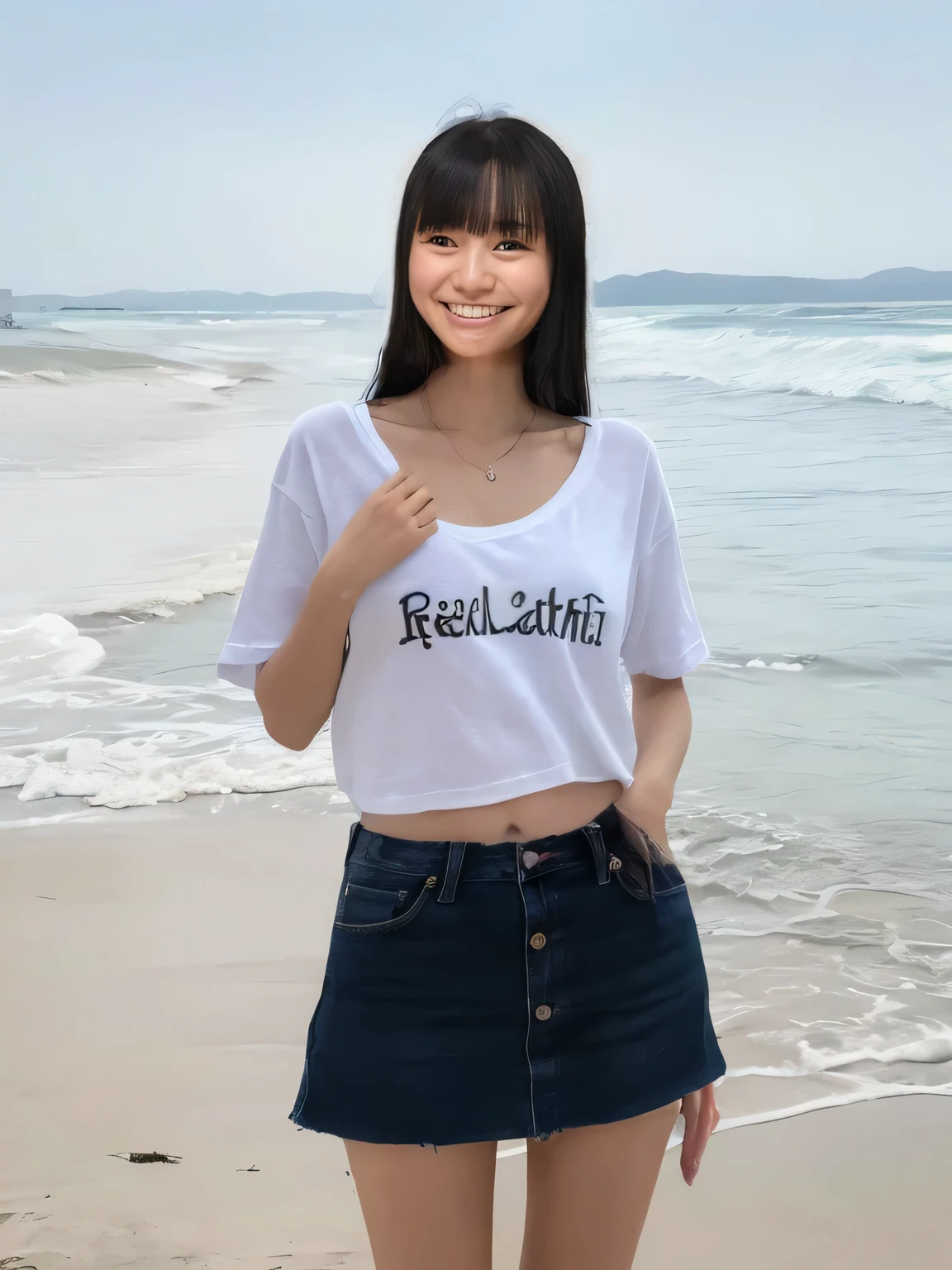 masterpiece,Highest quality(8k),Highest quality,masterpiece:1.2)、(Real、Photorealistic:1.37),Super detailed,A woman looking at the camera on the beach at Enoshima,Wearing a white T-shirt,Black denim mini skirt,barefoot,barefoot,Posing for a photo,Distant scenery is blurry