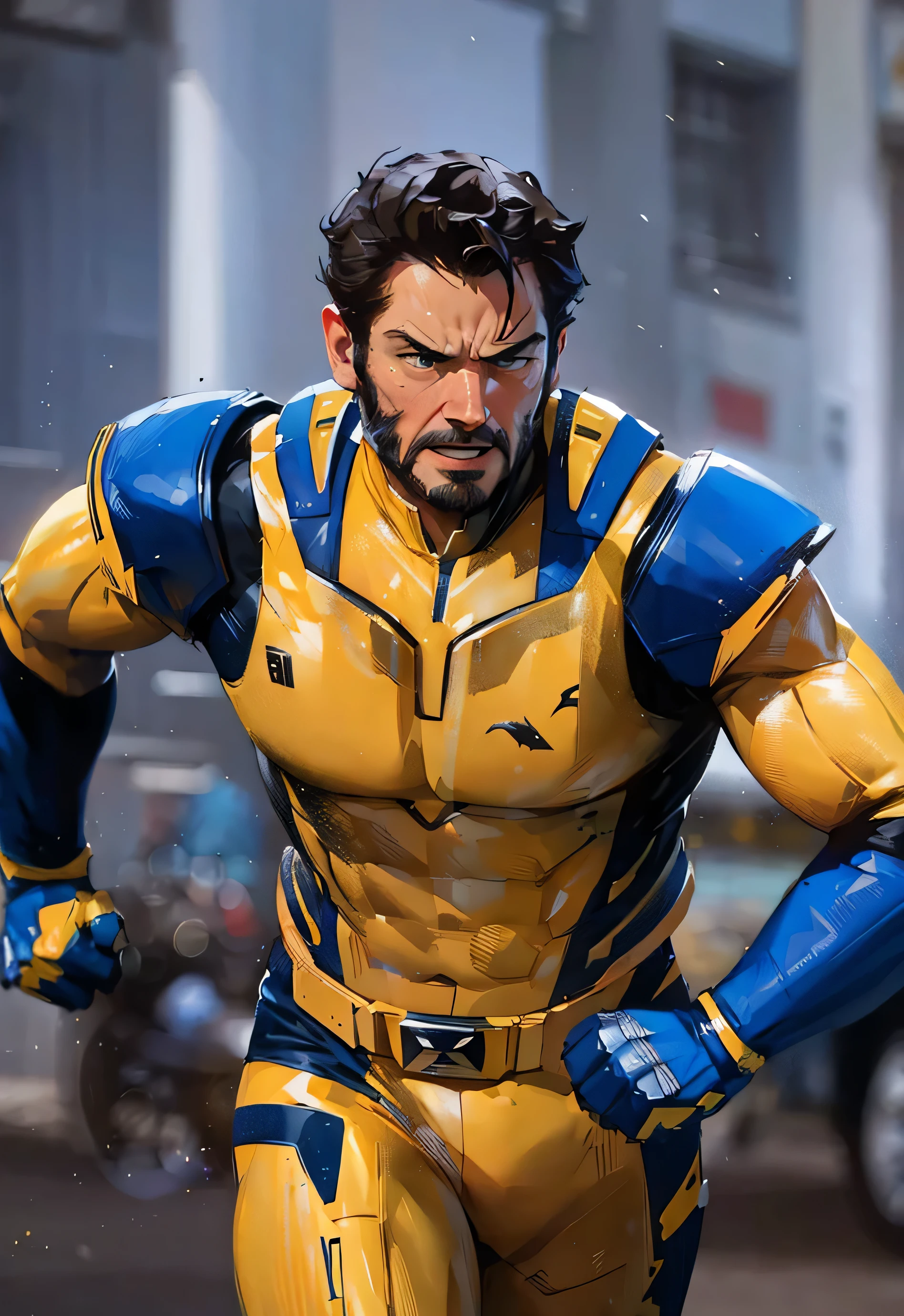 ((Best Quality, 8K, Masterpiece: 1.3)), best quality, ultra high res, wolverine man in a yellow and blue costume running on a street, karl urban as wolverine, wolverine ate, wolverine action pose, taron egerton as wolverine, danny devito as wolverine, yellow x-man costume, boris johnson as wolverine, x-man costume, henry cavill as wolverine, keanu reeves as wolverine, wolverine, the wolverine, x man costume