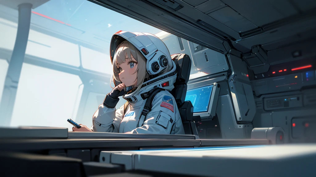 One girl, alone, Action Shots, Writing a blog,Wearing a spacesuit, Space Station, interior, Futuristic, Shine, (masterpiece:1.2), employment, Ultra-high resolution, 8k, high quality, (Sharp focus:1.2), clean, crisp, Cinematic