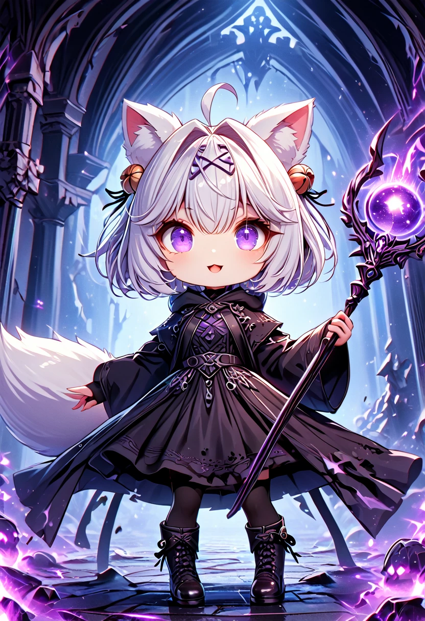 master piece, best quality, ultra-detailed, illustration, midnight, battlefield, gloomy atmosphere, broken castle, broken walls, ruins, purple flames, purple moon,  1girl, solo, chibi, (big head), cute pose, front view, looking at viewer, ((full body Close up)), chubby, fat, filian, filianoverall, Filiansailor, ((white hair)) , short hair, shoulder length hair, fly-away hair, bangs, hairclip, purple hair ornament, cat ears, (hair bell:1.3) ahoge, purple eyes, open mouth, smiling, (white fox tail), (black tattered robe), long gown, black arm sleeves, black gloves, wielding orbstaff, black stockings, black boots