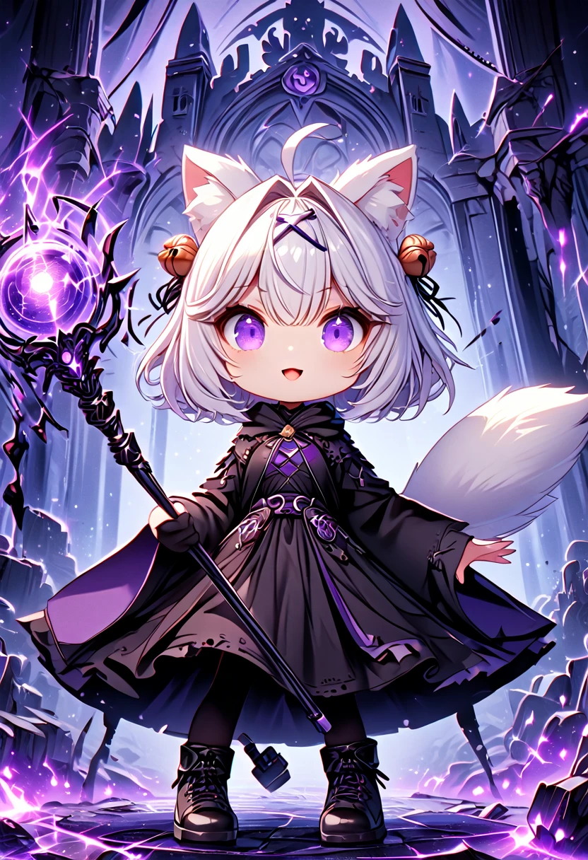 master piece, best quality, ultra-detailed, illustration, midnight, battlefield, gloomy atmosphere, broken castle, broken walls, ruins, purple flames, purple moon,  1girl, solo, chibi, (big head), cute pose, front view, looking at viewer, ((full body Close up)), chubby, fat, filian, filianoverall, Filiansailor, ((white hair)) , short hair, shoulder length hair, fly-away hair, bangs, hairclip, purple hair ornament, cat ears, (hair bell:1.3) ahoge, purple eyes, open mouth, smiling, (white fox tail), (black tattered robe), long gown, black arm sleeves, black gloves, wielding orbstaff, black stockings, black boots