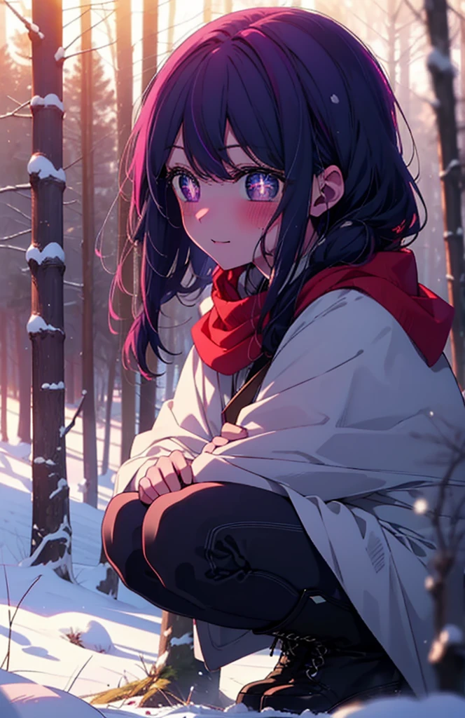 aihoshino, Ai Hoshino, Long Hair, bangs, (Purple eyes:1.1), Purple Hair, (Symbol-shaped pupil:1.5), smile,,smile,blush,white breath,
Open your mouth,snow,Ground bonfire, Outdoor, boots, snowing, From the side, wood, suitcase, Cape, Blurred, , forest, White handbag, nature,  Squat, Mouth closed, Cape, winter, Written boundary depth, Black shoes, red Cape break looking at viewer, Upper Body, whole body, break Outdoor, forest, nature, break (masterpiece:1.2), Highest quality, High resolution, unity 8k wallpaper, (shape:0.8), (Beautiful and beautiful eyes:1.6), Highly detailed face, Perfect lighting, Highly detailed CG, (Perfect hands, Perfect Anatomy),