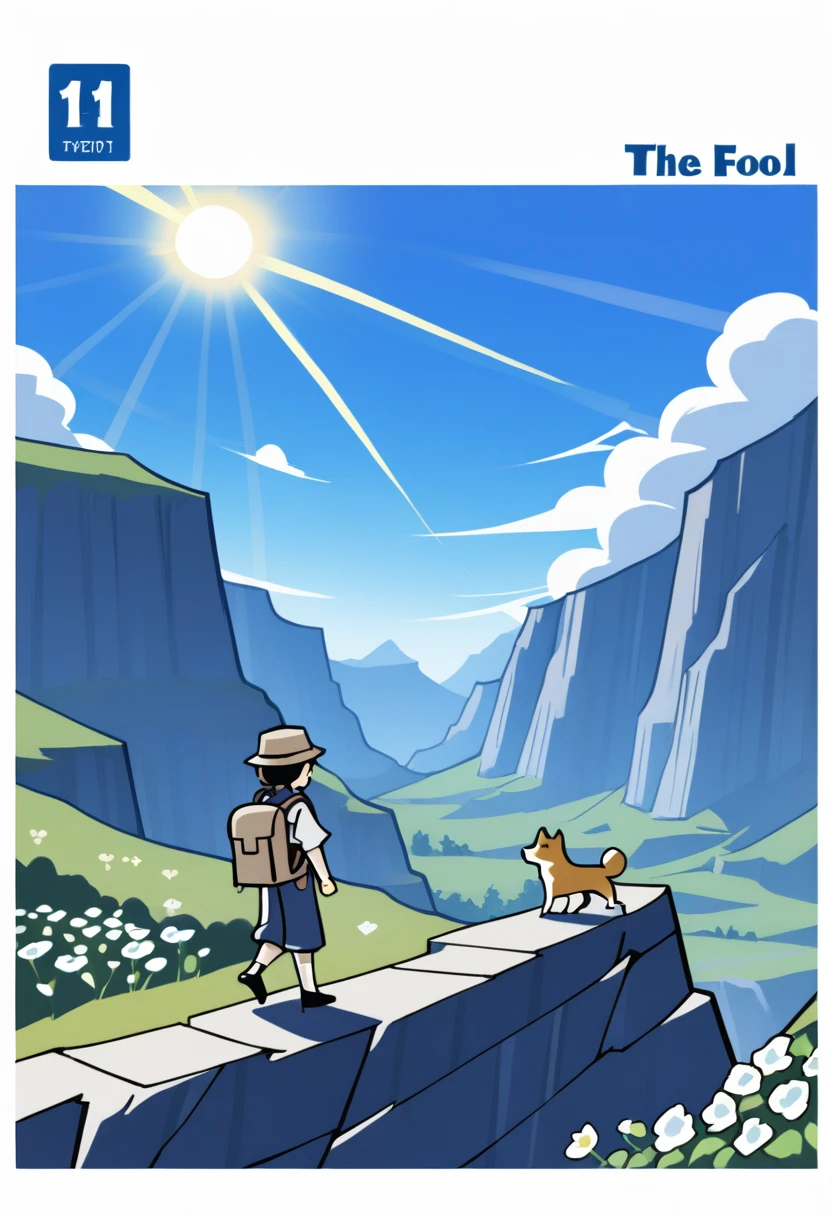 The Fool,Innocence,,Adventure,Optimism,Young person,Carefree,Walking on a cliff edge,Feather in hat,Bright colors,Traveler's attire,Small knapsack,Lightweight clothing,Blue sky,White clouds,Mountains,Sunlight,Dog companion,White rose,Cliff,Sun,Scattered flowers,Symbolism,Mysticism,Classic Tarot style