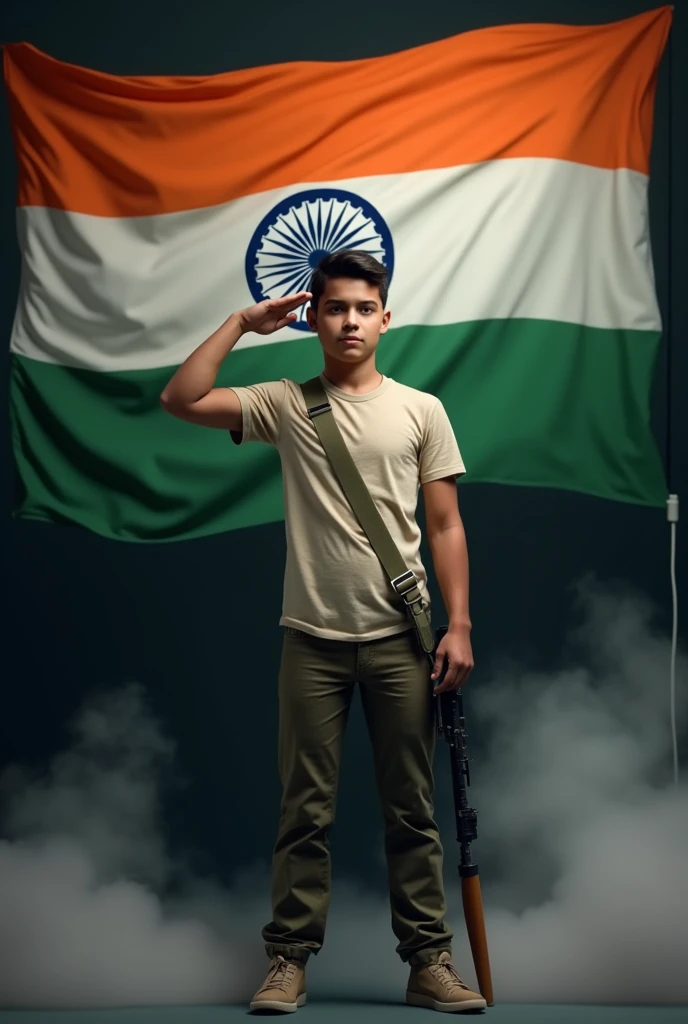 A 18 year old boy named SARATH stands wearing an army T-shirt and gun with hand with his name on it, holding the Indian flag. In the background, there’s a large Indian flag with ‘Happy Independence Day 15 August’ written. He is saluting with seals and smoke in a dark background. Create a 3D realistic high-quality photo.