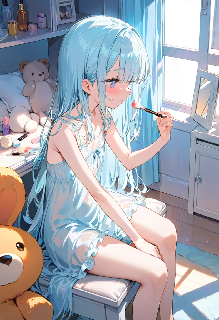 masterpiece, best quality, extremely detailed, (illustration, official art:1.1), 1 girl ,(((( light blue long hair)))), ,light blue hair, , long hair ((blush)) , cute face, masterpiece, best quality,(((((a very delicate and beautiful girl))))),Amazing,beautiful detailed eyes,blunt bangs((((little delicate girl)))),.(true beautiful), sense of depth,, ,(tiny 1girl model:1.2),)(flat chest), satin nightgown,See-through, (window, strong light,light leaks,shiny hair,deep shadows,Hard light),((She is sitting in front of the losion cabinet and applying makeup.)),,,,, break indoors, room, purple and white stripe printed wall, cute design room, cushion, cuddly toy,mirror