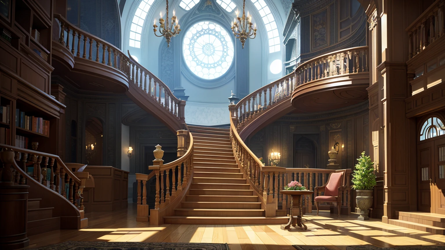 A spacious room with a spiral staircase, There are a lot of books in it.., Unreal 5 Engine Highly Rendered, Alchemist Library Background，Concept art rendering in Unreal Engine，intricate details