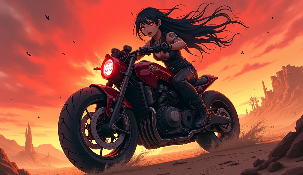 anime girl with glowing red eyes riding a motorcycle in an apocalyptic desert background