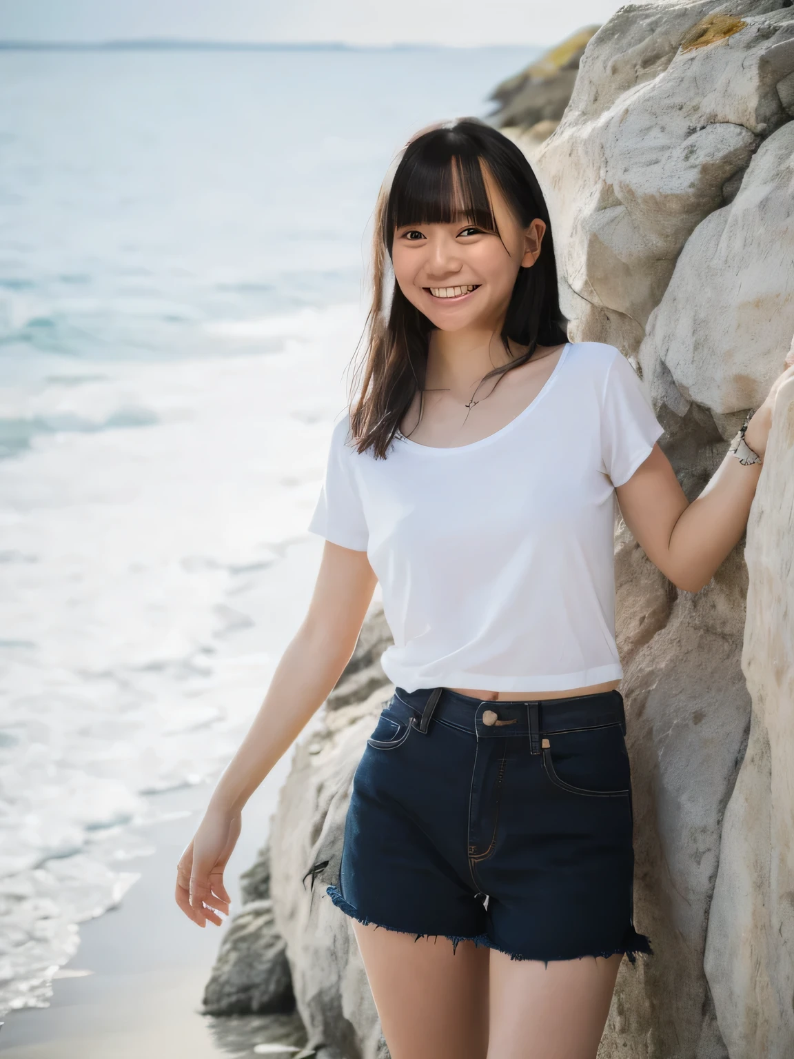 masterpiece,Highest quality(8k),Highest quality,masterpiece:1.2)、(Real、Photorealistic:1.37),Super detailed,A woman looking at the camera on the beach at Enoshima,Wearing a white T-shirt,Long black denim shorts,barefoot,barefoot,Posing for a photo,Distant scenery is blurry