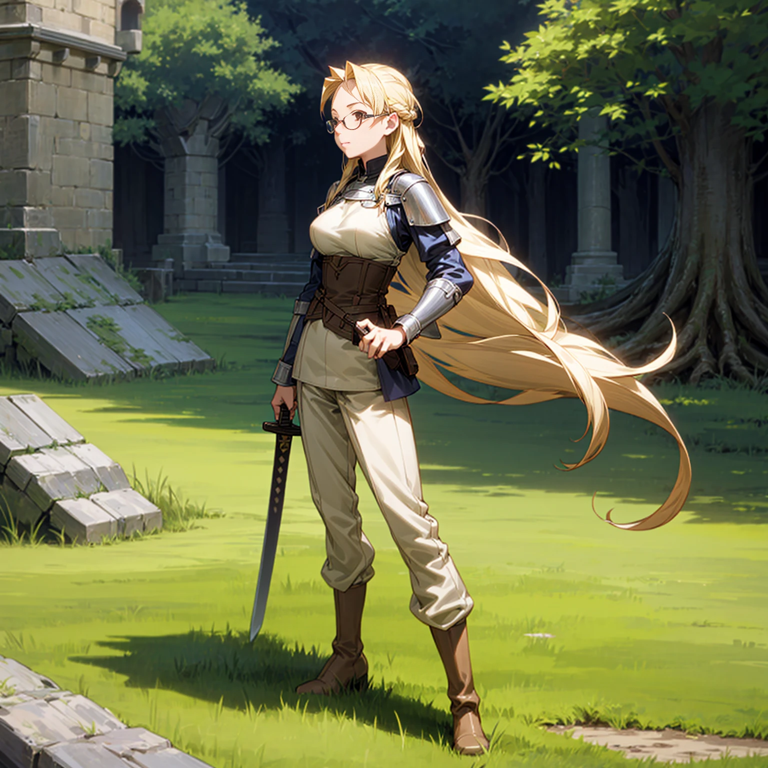 Solo character, full body version, young girl, brown eyes, blonde color hair, very long hair, long bob hair, soldier clothing, bare shoulder clothing, boots, outdoor, Castle, medieval, morning, standing gesture, detailed background, detailed clothing, detailed hair, happy eyes, (food wars style art), glasses, sword in hand, very big breast 