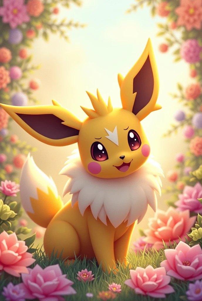 Create a very cute image by adding the phrase to the photo and inspired by" The flowers I send you in my dreams", with the Pokémon Jolteon