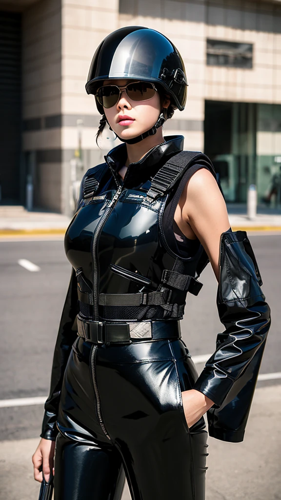 Military woman in black latex pants Tactical vest and military helmet with thermal vision with a tank 