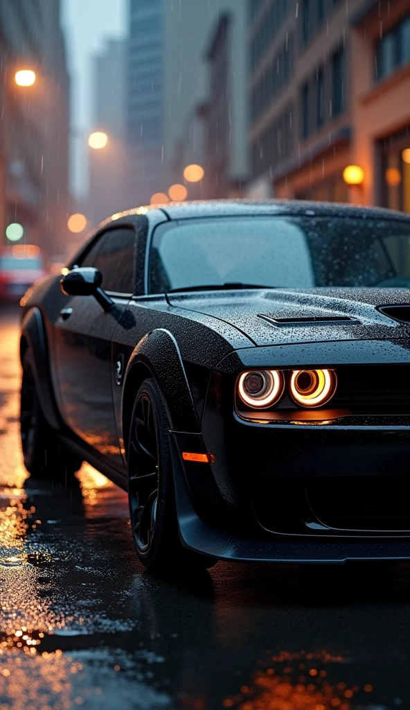 A full view of a sleek black Dodge hellcat parked on a rainy street, showcasing its muscular design and contours, with raindrops covering the entire surface of the car, reflecting the street lights.