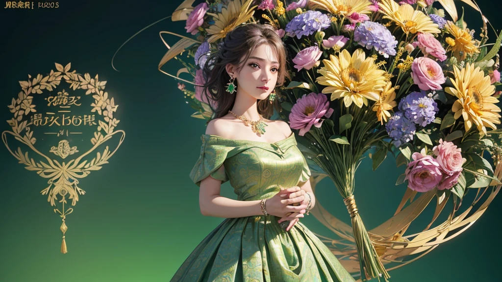 32K, 最高quality, 最高masterpiece, (ultra-Detailed Background, Detailed Background), High resolution, Super detailed, Very detailedな, One girl, (bouquet:1.3), (Tangled:1.2), (Geometric:1.2),(colorful),(masterpiece, quality, best quality, Official Art, Beautiful and beautiful:1.2), (1 girl:1.3), Very detailed,(colorful:1.1)(Flowers:1.3),Most detailed,(Tangled:1.2), whole body, (Abstract background:1.3), (Skin glows), (Many colors:1.4), ,(Earrings Jewelry:1.5), Light green background,