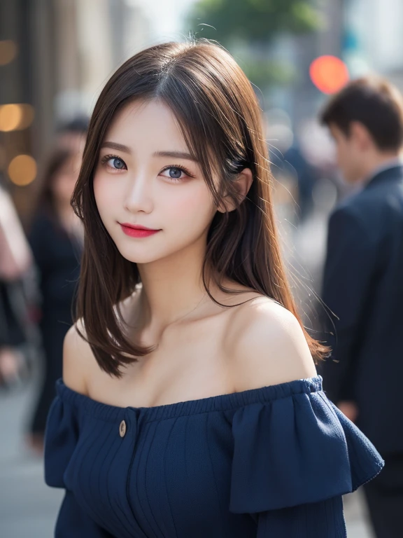 Tabletop, Highest quality, shape, Very detailed, finely, High resolution, 8k wallpaper, Perfect dynamic shape, Beautiful and detailed, D Cup, Natural color lip, Random sexy poses,smile、20-year-old girl、Midnight、Beautiful and dense face、Perfect and beautiful face,Big eyes、Actual Photos(Best image quality),Lightweight off-the-shoulder dress (light navy)、looking at the camera、Please stand、Putting on gal makeup,Blurred Background