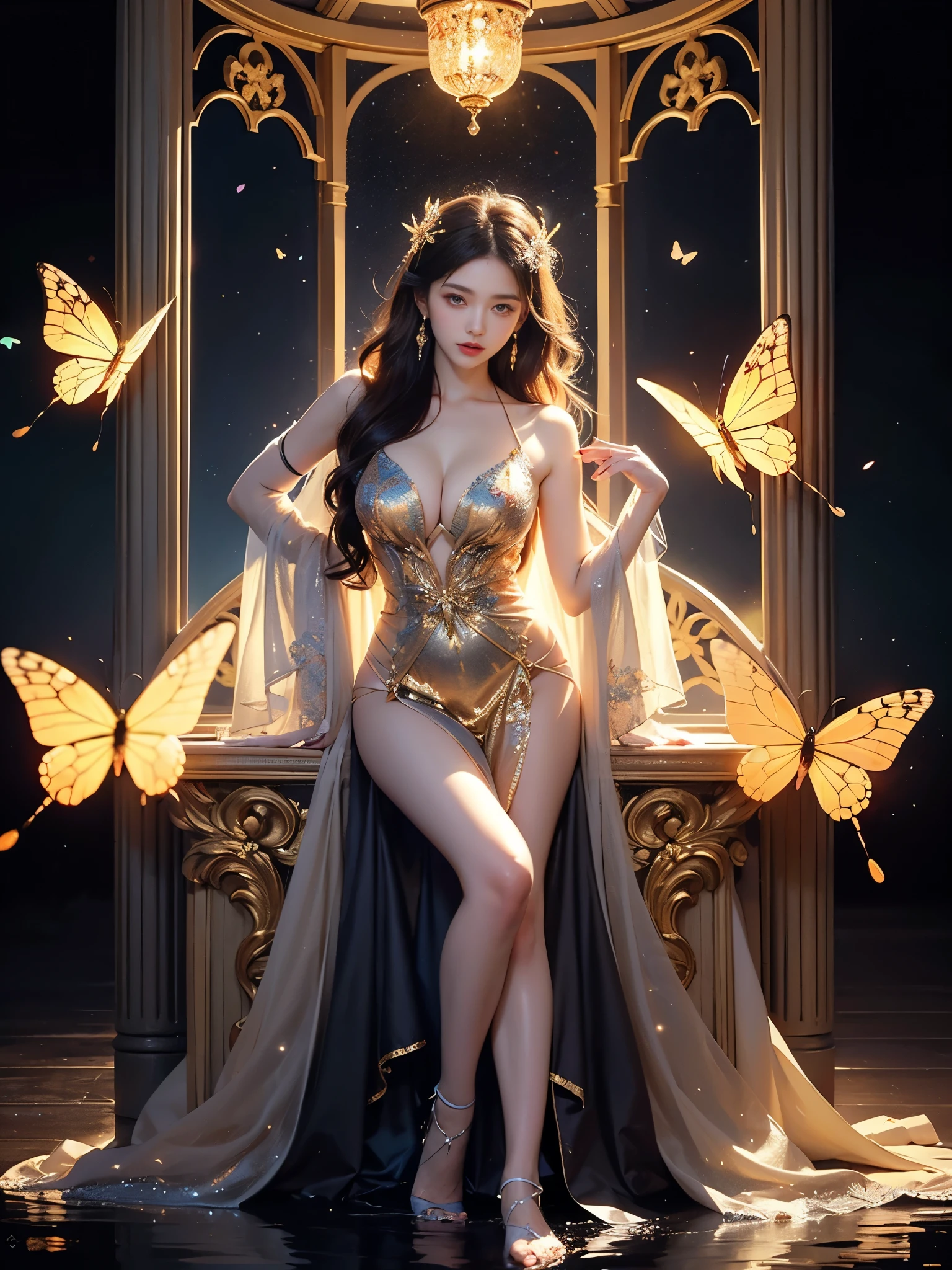 jinmeng golden layered dress sparkle see-through jewelry graceful dance movements, Long legs , Water play,In the pool,play, ((Flowing long hair))Official Art , Unity8k Wallpaper , Extremely detailed , Visible cleavage, Pretty and beautiful , Sexy long legs, masterpiece , best quality ,Practical, Very detailed illustrations ,Extremely detailed , Intricate details , Extremely complex and detailed , Very detailed 8KCG wallpaper , Caustics .reflection , Ray Tracing , Devil Theme ,nebula ,Dark aura, Network Effects , (1 Girl)Solitary , 小蓝Butterfly , Dozens of monarch butterflies around , (Blue plasma flame , (insect , Butterfly)) 圣光Butterfly天使 , Butterfly翅膀 , Pastel tones in Rococo style ,Light white and light dark red , Incredibly beautiful , Cherry blossoms , Surrealism ,painting , Ethereal , Mixing reality and fantasy elements ,Ray Tracing , Complex patterns , Delicate lines , Perfect your hands, Starry Sky , rich and colorful , Star