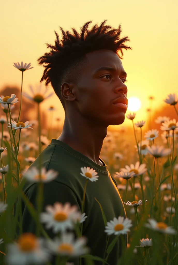 Dark-skinned age man at Golden hour in a grass with daisy flowers
