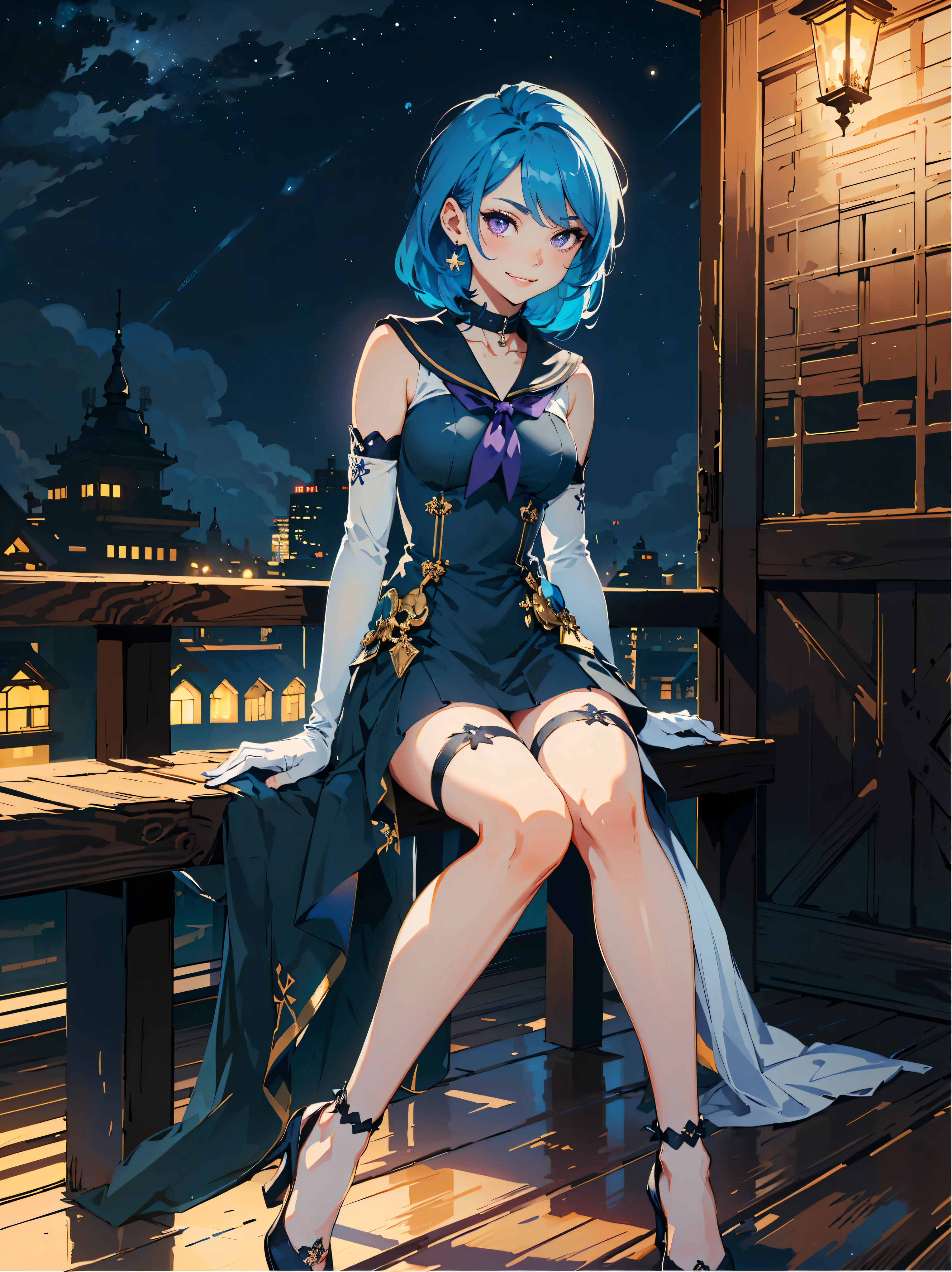 masterpiece, high quality, standing, 1_women, (full body), (((looking away from viewer))), (((bright blue hair))), glowing hair, medium length hair, cute bangs, flowing hair, (exotic skin_complexion:1.4),mature, tall, diamond shaped eyes, (purple eyes), dark_eyeliner, long_eyelashes), beautiful, exotic, elegant, slim, (((sailor collar))), choker, medium bust, navy blue ((diaphanous sparkling dress)), ((white embroidery elbow gloves)), knee high heel with laces, (sleeveless), natural dynamic lighting, ((smirking)), sitting on bench on balcony, leaning on hand rail, at night, starry night,