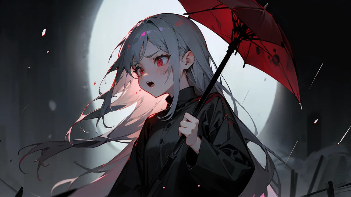 A terrifying expression of anger、Upper Body、20 year old beauty、Gray Hair、Tears、Eyes of a murky red、Black clothing、Raining background、Pitch black background。Screaming、I don't have anything in my hands、Wet、Just standing