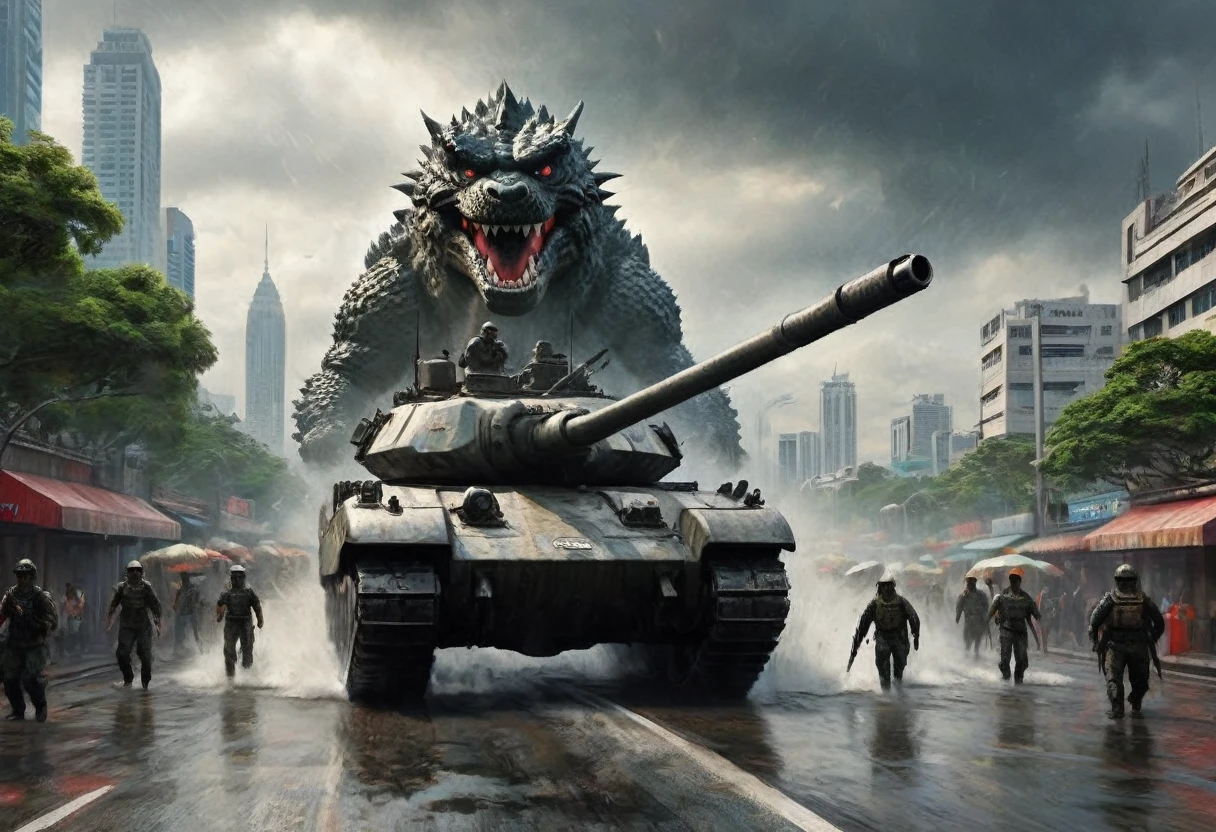 a heavily armed and armored tank, firing its weapons at Godzilla, Godzilla on a rampage in Bangkok, daytime, army assault on Godzilla, photorealistic, 8k, cinematic lighting, dramatic angles, intense action, powerful explosions, detailed textures, dystopian cityscape, dark clouds, rain and mist, epic scale, highly detailed, masterpiece