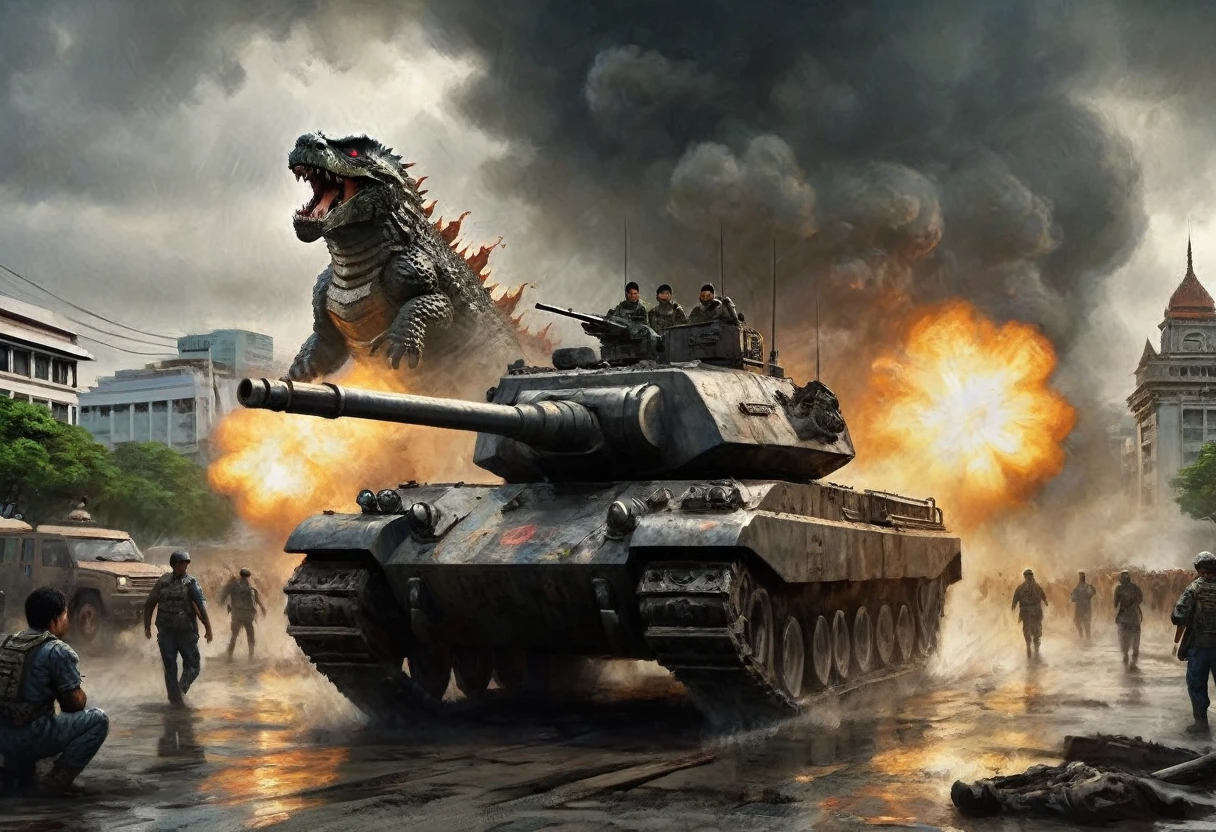 a heavily armed and armored tank, firing its weapons at Godzilla, Godzilla on a rampage in Bangkok, daytime, army assault on Godzilla, photorealistic, 8k, cinematic lighting, dramatic angles, intense action, powerful explosions, detailed textures, dystopian cityscape, dark clouds, rain and mist, epic scale, highly detailed, masterpiece