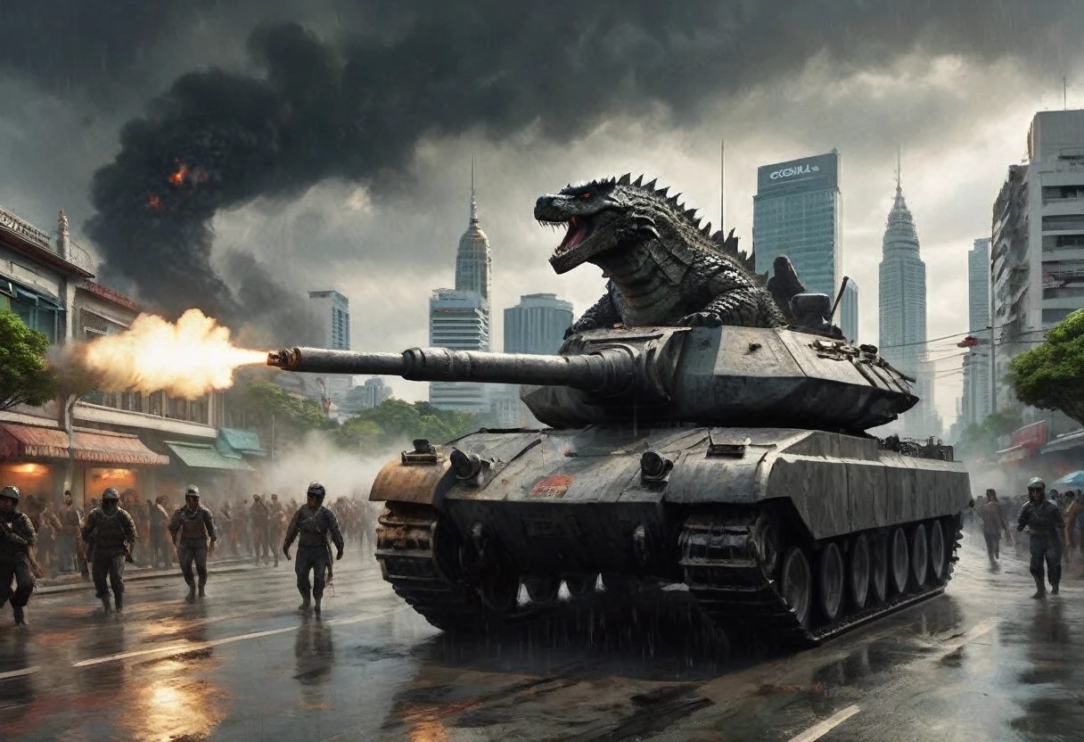 a heavily armed and armored tank, firing its weapons at Godzilla, Godzilla on a rampage in Bangkok, daytime, army assault on Godzilla, photorealistic, 8k, cinematic lighting, dramatic angles, intense action, powerful explosions, detailed textures, dystopian cityscape, dark clouds, rain and mist, epic scale, highly detailed, masterpiece