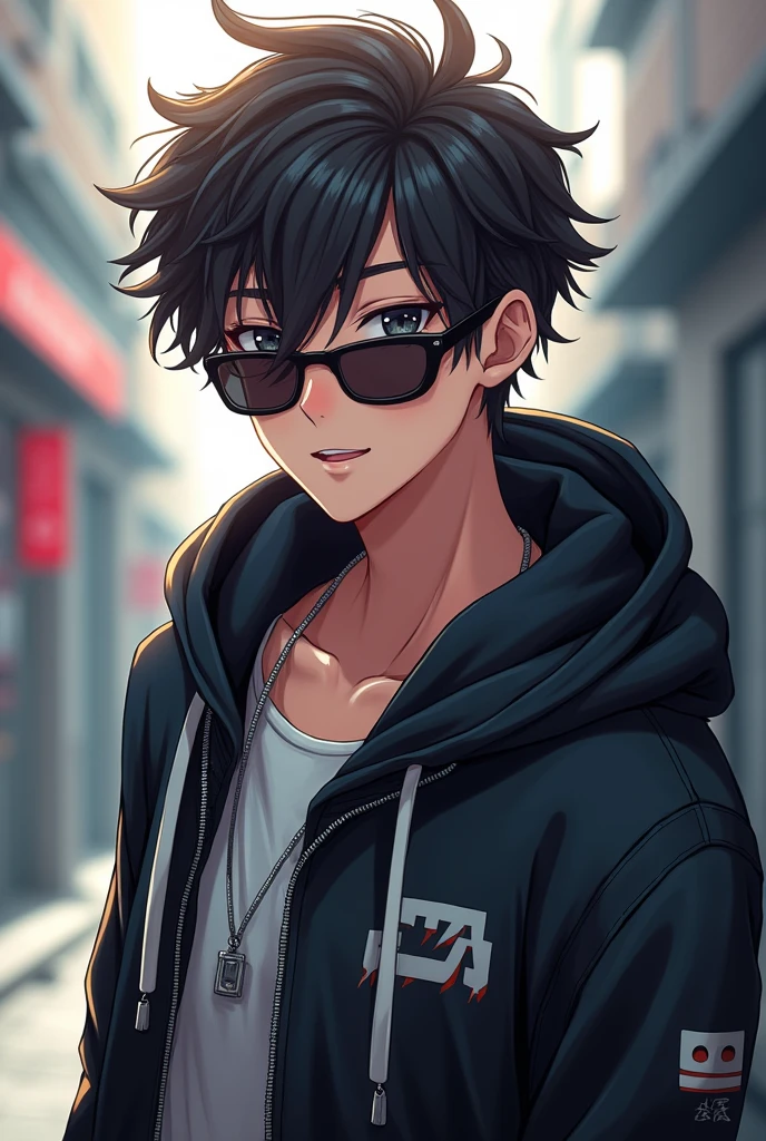 Cool male anime character with hoodie and sunglasses looking straight in the camera with happy face
