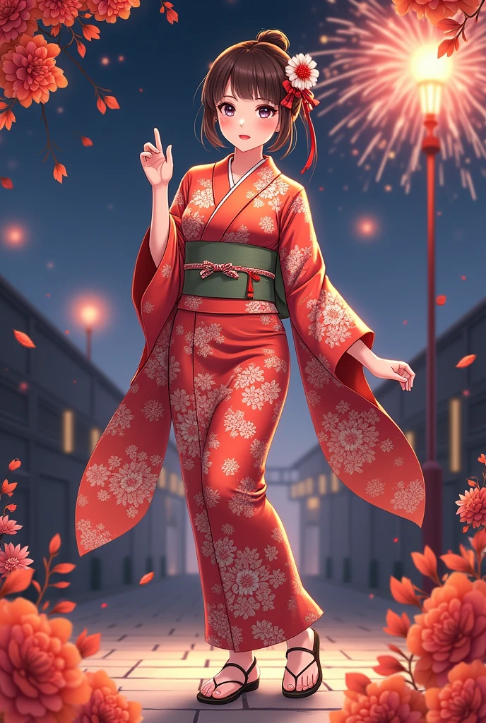 ((masterpiece)),(((Highest quality))),((Character design sheet)),Floral Japan yukata:1.5,Stylish sandals:1.5,The best smile:1.5,Upper Body Shot:1.5,Fireworks background at night:1.5,Flashy makeup using red eyeshadow:1.5,Hair Bun:1.5,Model pose,Floral and botanical background:1.5,