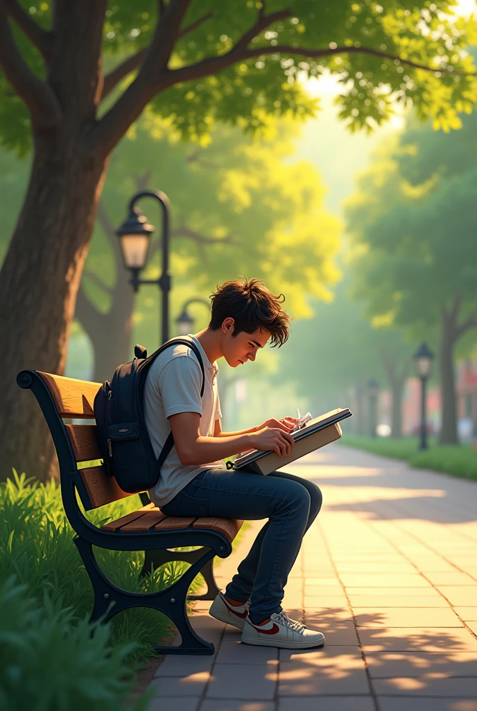  A sunny day in a small park. A character named Max is sitting on a bench, looking frustrated as he rummages through his backpack.
