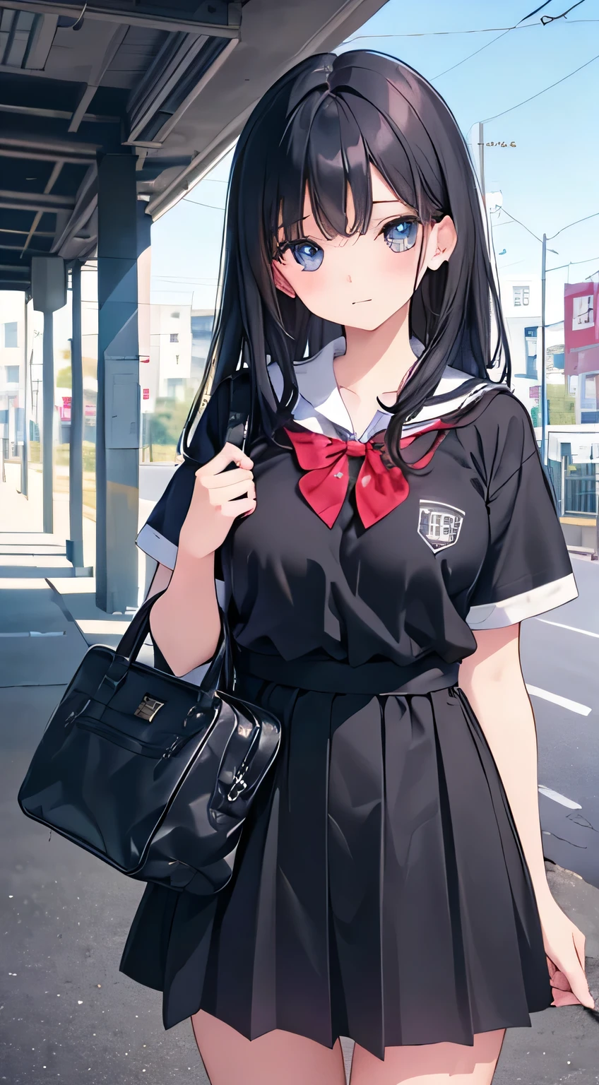 Cute Girls,Black Hair,school uniform,clumsy person ( Very detailed, Best details, Official Art, Beauty and aesthetics: 1.2), Depth of the written border, composition, whole body, (a bit), (Beautiful and detailed: 1.3), (wonderful:1)