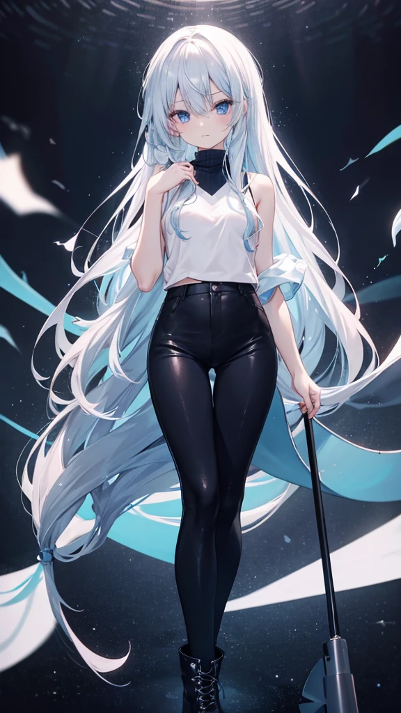 long hair，thin，，Clarity，high-definition，big eyes，Blue Eyes，Facing the audience，beauty，Extremely high image quality，超Clarity的画面，modern style，boots，Sleeveless sweater，Shark Pants