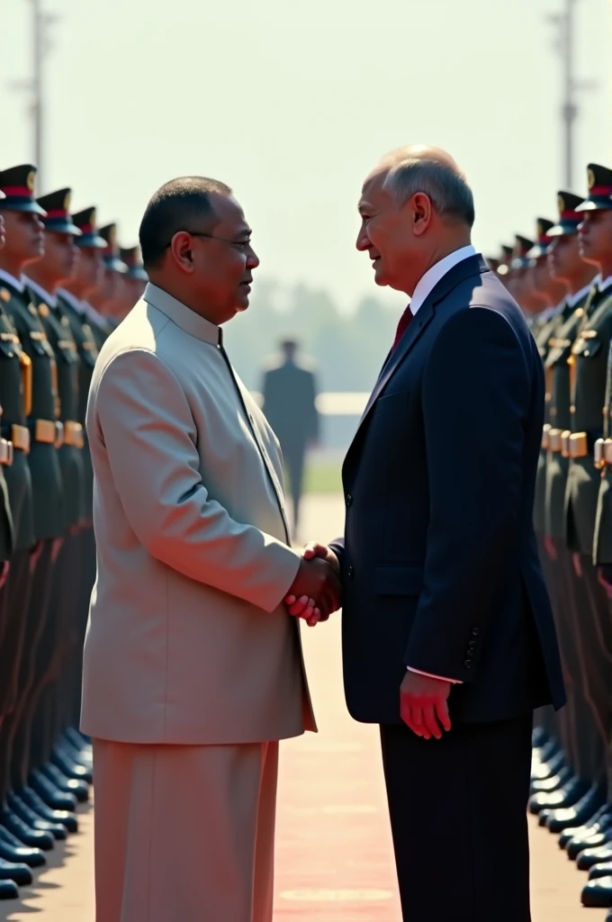 An Indonesian man is shaking hands with the Russian president in front of his troops, it looks real