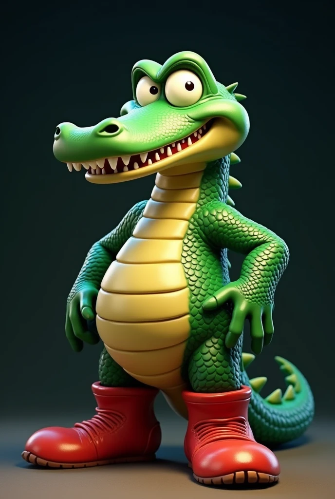Create a cool looking 3D cartoon style anthropomorphic crocodile character .The crocodile must have red boots. The character should have a happy face and be standing on a dark background. The general style should be sketches.