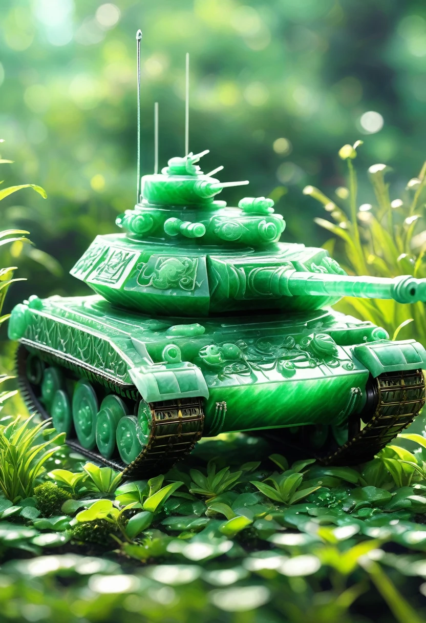 best quality, very good, 16K, ridiculous, Very detailed, Armored Tank,Made of translucent jadeite, Background grassland((A masterpiece full of fantasy elements))), ((best quality)), ((Intricate details))(8K)