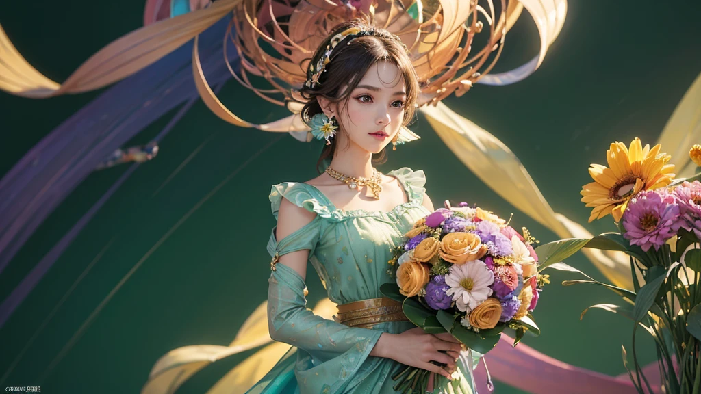 32K, 最高quality, 最高masterpiece, (ultra-Detailed Background, Detailed Background), High resolution, Super detailed, Very detailedな, One girl, (bouquet:1.3), (Tangled:1.2), (Geometric:1.2),(colorful),(masterpiece, quality, best quality, Official Art, Beautiful and beautiful:1.2), (1 girl:1.3), Very detailed,(colorful:1.1)(Flowers:1.3),Most detailed,(Tangled:1.2), whole body, (Abstract background:1.3), (Skin glows), (Many colors:1.4), ,(Earrings Jewelry:1.5), Light green background,