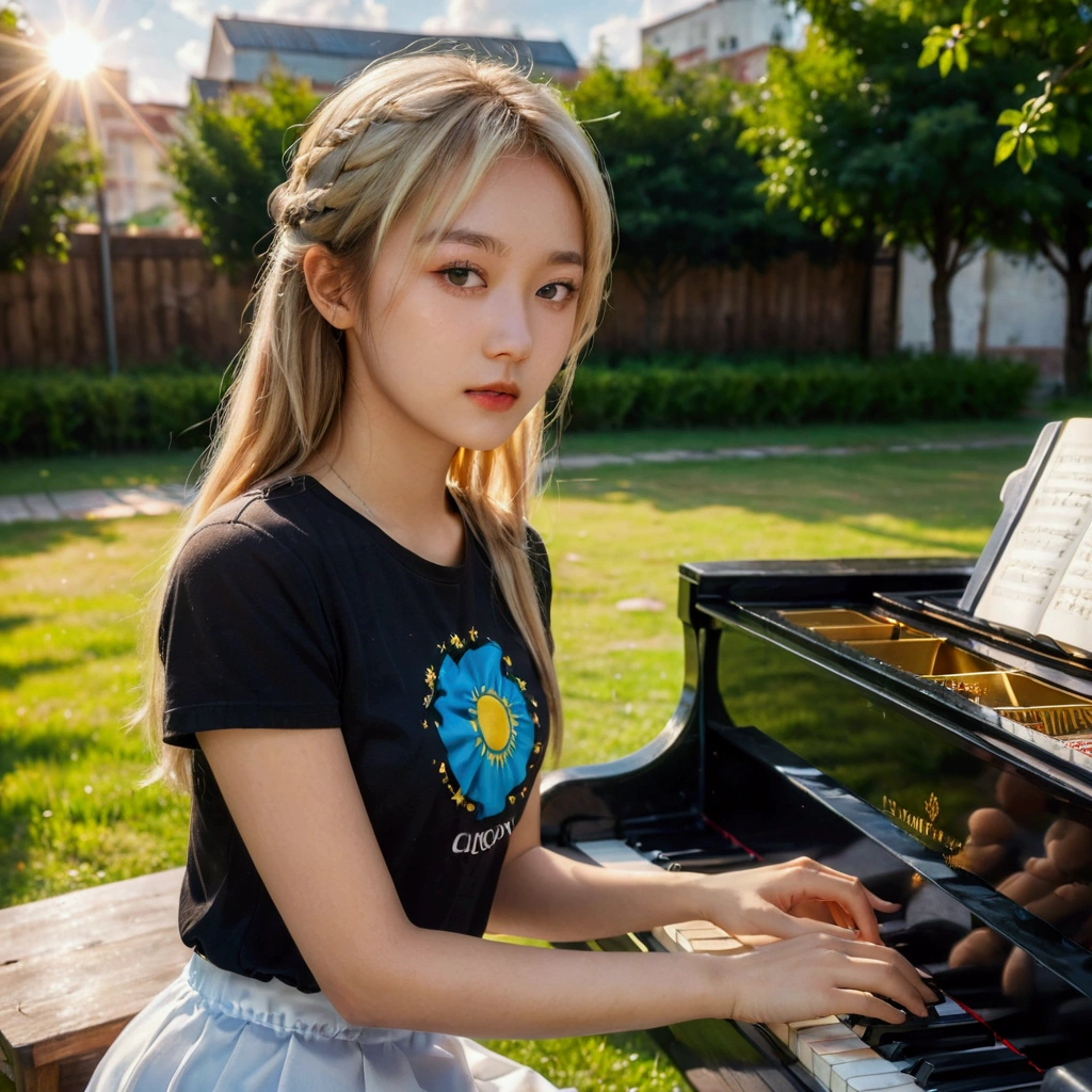 Front view A beautiful Kazakh girl, 20yo, sweaty body, long hair, blonde hair, Wearing a black t-shirt, Wearing a white mini skirt, morning, sunny, Sitting in the park and playing classical piano, in the School Garden Background, (aesthetic view:0.7), (clouds:1), (sunlight:1.2), (grass intensity:0.6), (vignette:1), (HDR:1), (realistic:0.5)