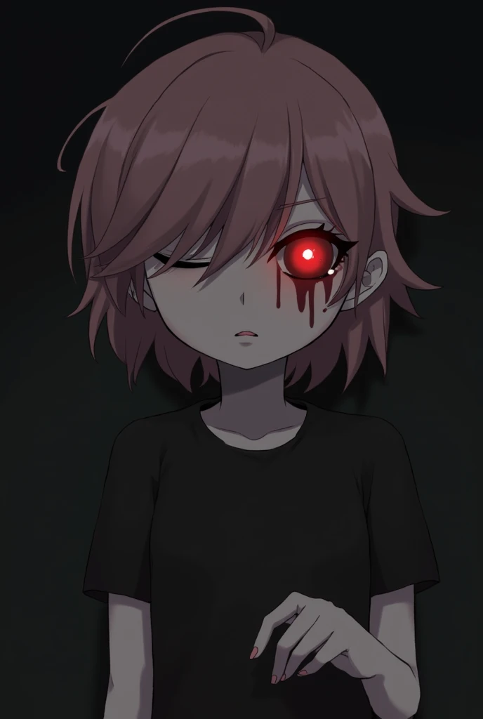 1girl, pale skin, fresh wounds, dark pink hair, short hair, (glowing red sclera: 1.4), narrow eyes, black dress, dark colors, dark shades, gloomy tones, pastel colors, shadowed face, gloomy