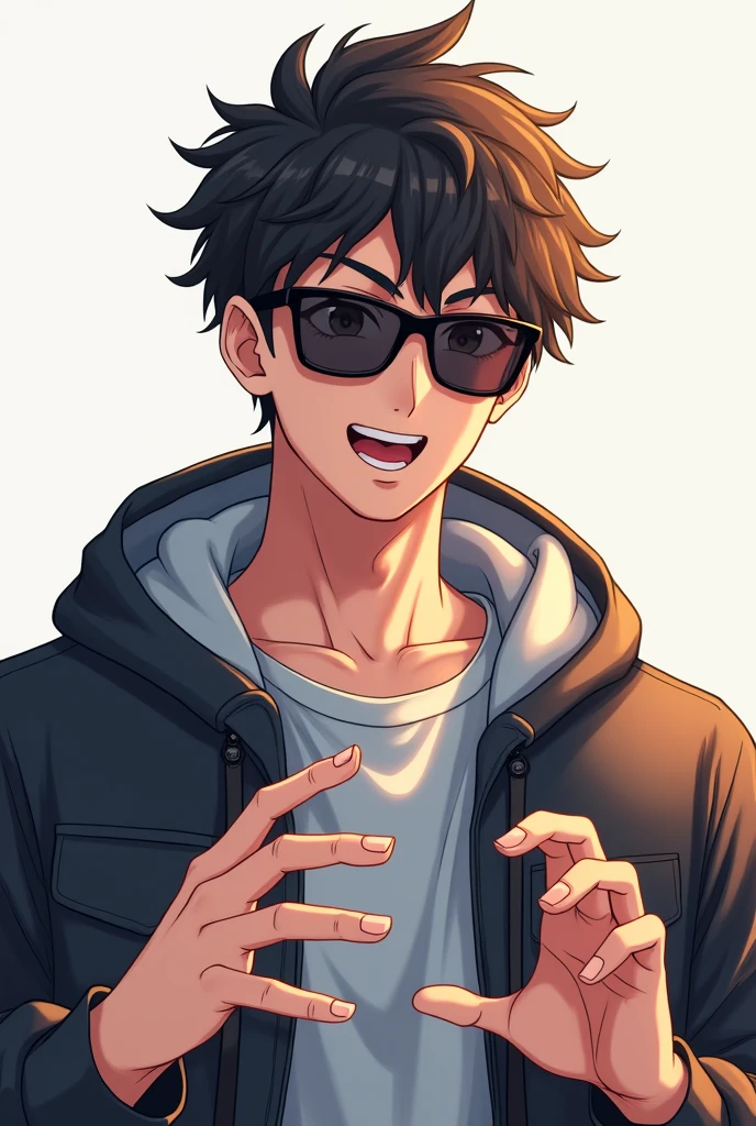 Cool male anime character with hoodie and sunglasses looking straight in the camera with happy face giving explanation of something 