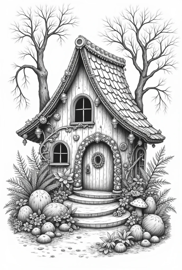 Fairy house nature background high details black and white best adult coloring pages