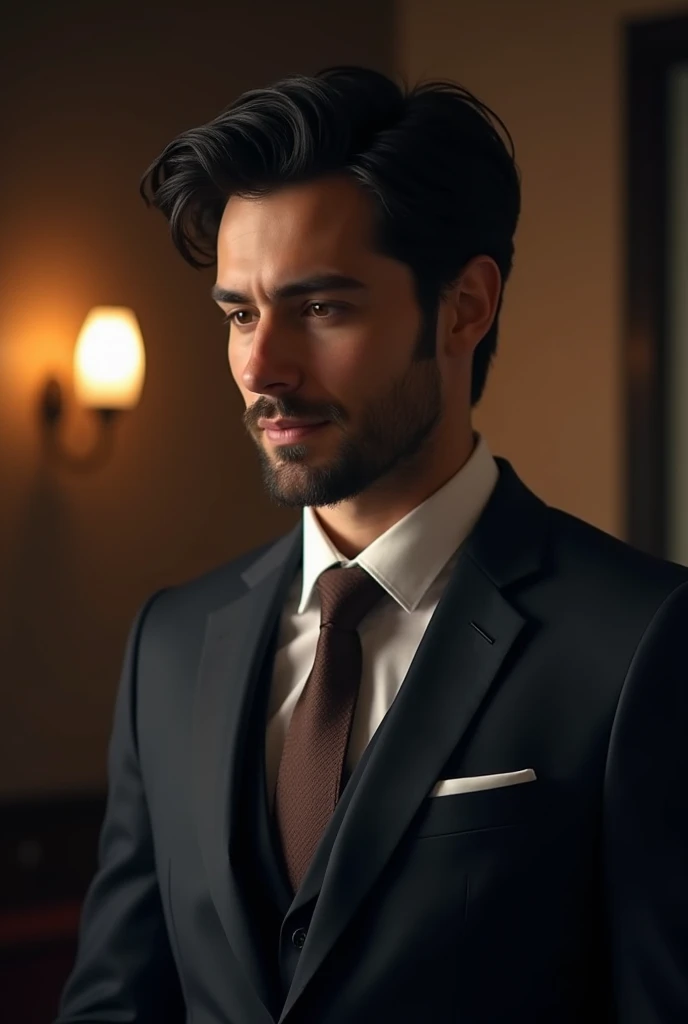 "A well-groomed man in his late 20s with thick, wavy black hair styled neatly. He is wearing a dark, formal suit paired with a white dress shirt and a brown tie. giving him a mature and sophisticated look. The man is captured in a side profile, looking slightly down with a subtle, confident smile on his face. The setting is dimly lit, highlighting his features and creating a warm, introspective mood. He is natural.