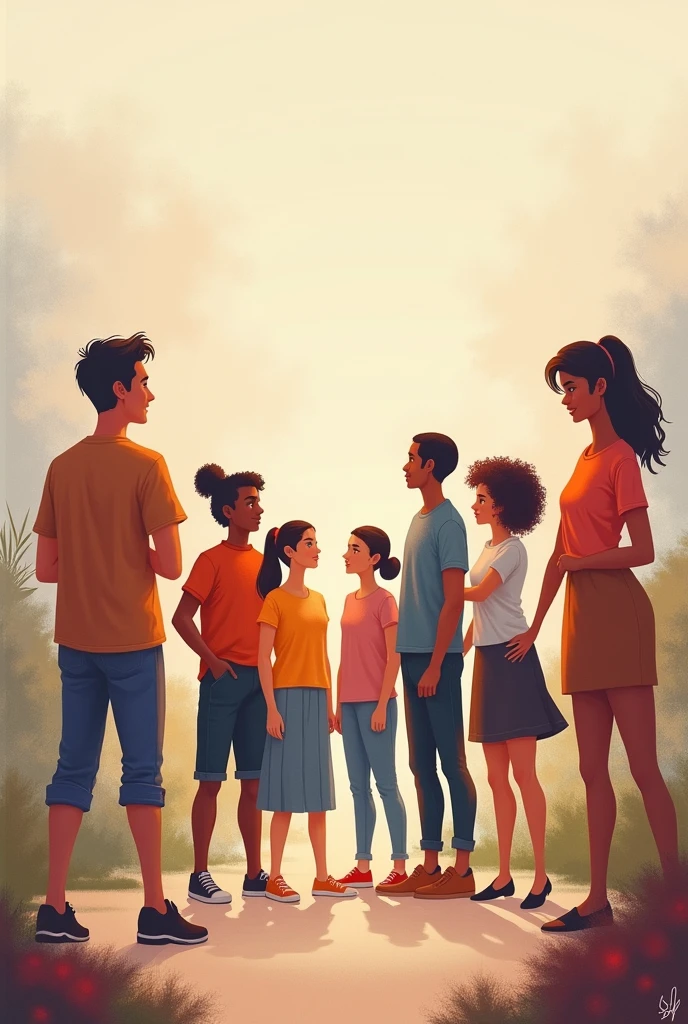 The image depicts young people of various ethnicities with a hopeful posture., symbolizing that youth is the future. They are walking or talking. The soft colors and space to insert a message add an inspiring touch.
