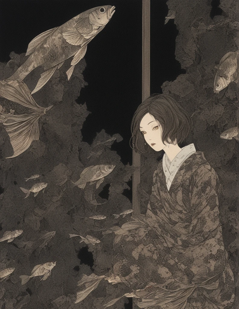 Generate an illustration of a beautiful girl looking at a museum exhibition room lined with fish bone specimens, in the style of Takato Yamamoto. The main focus is on the fish specimens. The exhibition room is dark, and only the fish bone specimens are lit up. Please incorporate fantasy elements into the fantastical scenery.