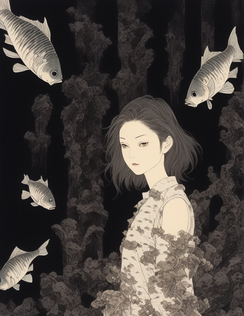Generate an illustration of a beautiful girl looking at a museum exhibition room lined with fish bone specimens, in the style of Takato Yamamoto. The main focus is on the fish specimens. The exhibition room is dark, and only the fish bone specimens are lit up. Please incorporate fantasy elements into the fantastical scenery.