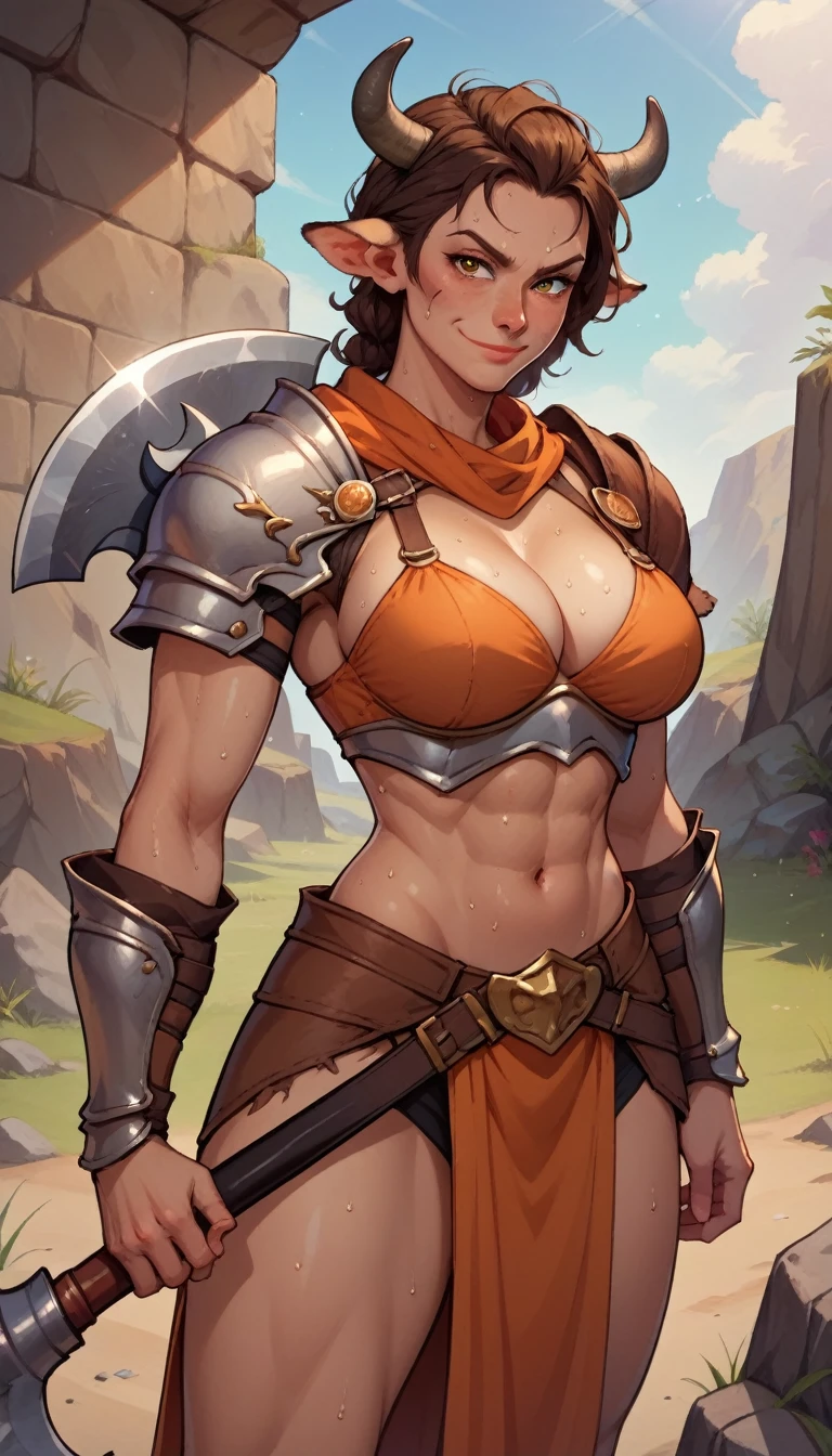 core_9, score_8_up, score_7_up, score_6_up, BREAK 1woman, skinny,big breasts, wearing barbarian armor, in a rocky orange desert terrain, smirking, sweating, holding axe,brown hair, cow face