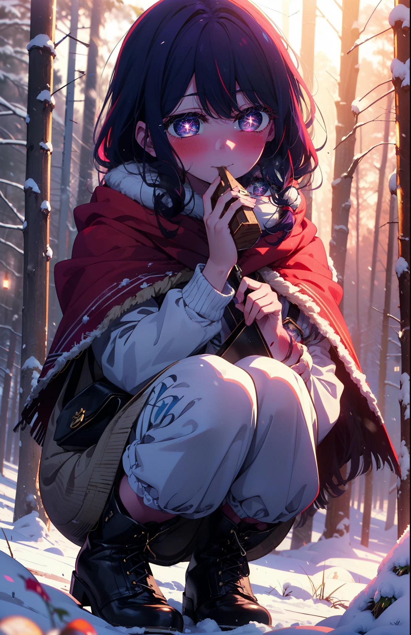 aihoshino, Ai Hoshino, Long Hair, bangs, (Purple eyes:1.1), Purple Hair, (Symbol-shaped pupil:1.5), smile,,smile,blush,white breath,
Open your mouth,snow,Ground bonfire, Outdoor, boots, snowing, From the side, wood, suitcase, Cape, Blurred, , forest, White handbag, nature, Squat, Mouth closed, Cape, winter, Written boundary depth, Black shoes, red Cape break looking at viewer, Upper Body, whole body, break Outdoor, forest, nature, break (masterpiece:1.2), Highest quality, High resolution, unity 8k wallpaper, (shape:0.8), (Beautiful and beautiful eyes:1.6), Highly detailed face, Perfect lighting, Highly detailed CG, (Perfect hands, Perfect Anatomy),