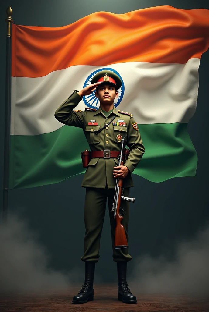A 18 year old boy named SARATH stands wearing an army uniform and gun with hand with his name on it, holding the Indian flag. In the background, there’s a large Indian flag with ‘Happy Independence Day 15 August’ written. He is saluting with seals and smoke in a dark background. Create a 3D realistic high-quality photo.