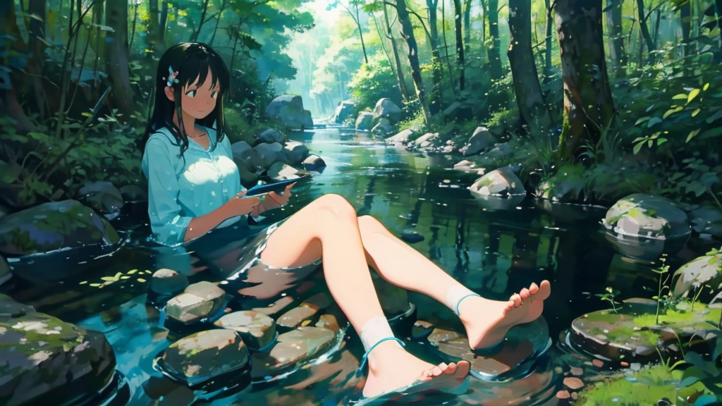 By the stream in the woods、Scene with pretty young woman relaxing with her feet in water、Perfect Face、particle