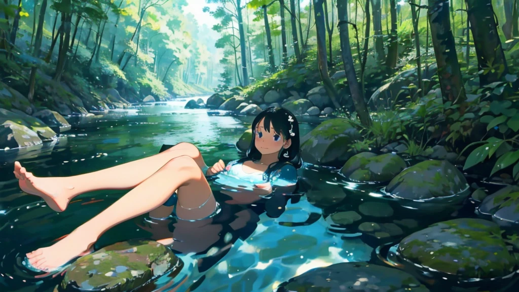 By the stream in the woods、Scene with pretty young woman relaxing with her feet in water、Perfect Face、particle