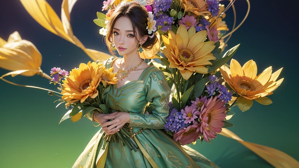 32K, 最高quality, 最高masterpiece, (ultra-Detailed Background, Detailed Background), High resolution, Super detailed, Very detailedな, One girl, (bouquet:1.3), (Tangled:1.2), (Geometric:1.2),(colorful),(masterpiece, quality, best quality, Official Art, Beautiful and beautiful:1.2), (1 girl:1.3), Very detailed,(colorful:1.1)(Flowers:1.3),Most detailed,(Tangled:1.2), whole body, (Abstract background:1.3), (Skin glows), (Many colors:1.4), ,(Earrings Jewelry:1.5), Light green background,