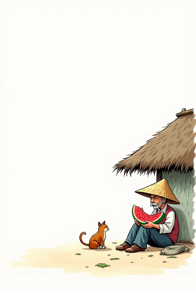 (((Negative Space,far away,Corner Composition))).An old man wearing a straw hat sitting under a thatched roof eating watermelon,A tabby cat sitting beside. Characteristics of Manga Style,sketch,Rich and colorful cartoon illustrations. Simple lines,Flat shading,Featuring a Chinese-style cartoon character (Predominantly White Background:2),(Large area of blank),,Simple background,(Large area of blank)