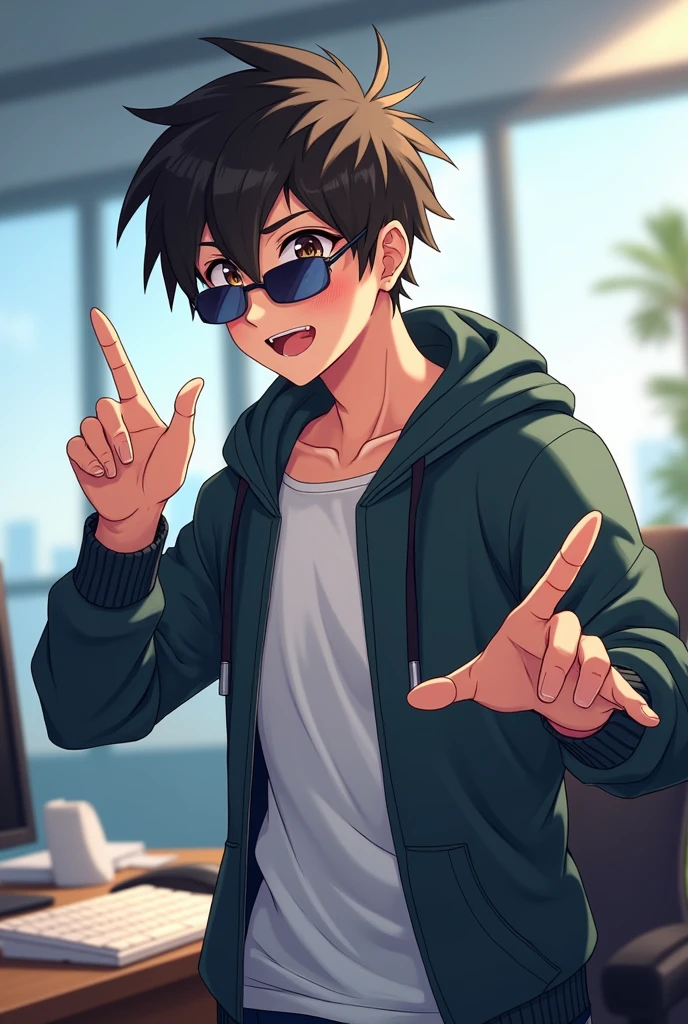 Cool male anime character with hoodie and sunglasses looking straight in the camera with happy face giving explanation of something in office